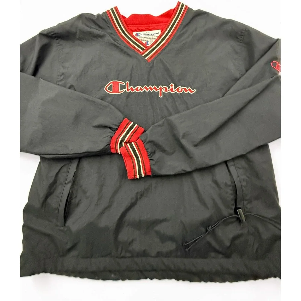 Champion V-Neck Windbreaker Pullover Jacket Black Red Striped Trim Mens Large